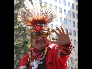 A member of the Siksika Nation rides in the 2017 Calgary Stampede Parade.Friday July 7, 2017 in Calgary, AB. DEAN PILLING/POSTMEDIA