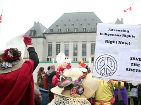 Clyde River Inuit and the Chippewas of the Thames First Nation demonstrate outside the Supreme Court of Canada last November over the legal right of Indigenous Peoples to be consulted on energy projects that will impact their communities.