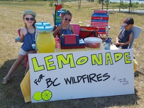 From left; Chloe Whalen, 5 and her friends Lacey, 5 and Blake Kendall, 3, raise money for those who have been affected by B.C. wildfire at a lemonade stand in Mahogany on Sunday July 30, 2017.  Photo courtesy Haley Whalen