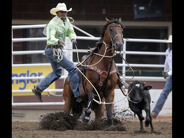 Cory Solomon of Prairie View, Texas during his win in tie-down roping at the Calgary Stampede on Sunday July 16, 2017. Leah Hennel/Postmedia