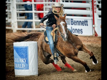 Tiany Schuster of Krum, Texas was the big winner in the barrel racing event on Championship Sunday at the 2017 Calgary Stampede. AL CHAREST/POSTMEDIA