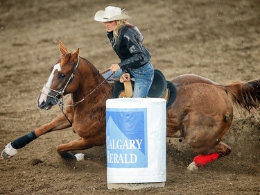 Tiany Schuster of Krum, Texas was the big winner in the barrel racing event on Championship Sunday at the 2017 Calgary Stampede. AL CHAREST/POSTMEDIA