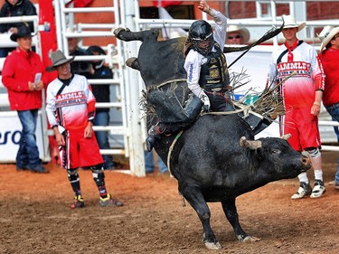 Oklahoma cowboy Sage Steele Kimzey rode Night Moves to a score of 91 and a $100,000 win in the bull-riding competition on Championship Sunday at the 2017 Calgary Stampede. AL CHAREST/POSTMEDIA