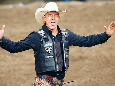 Big Valley, Alberta Zeke Thurston wins the $100,000 in the saddle bronc event during the final day of the rodeo at the 2017 Calgary Stampede. AL CHAREST/POSTMEDIA