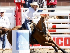 Tiany Schuster from Krum, TX, the Ladies Barrel Racing event on day 6 of the 2017 Calgary Stampede rodeo on Thursday July 13, 2017.