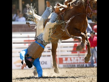 Jake Burwash from Nanton, AB, riding during Truly Marvellous gets tossed during the Novice Saddle Bronc event on day 7 of the 2017 Calgary Stampede rodeo on Thursday July 13, 2017. DARREN MAKOWICHUK/Postmedia Network