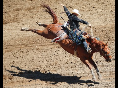 Big Valley, Alberta cowboy  Zeke Thurston rides Super Sox to a 86.00 point score in saddle bronc event at the 2017 Calgary Stampede rodeo. AL CHAREST/POSTMEDIA