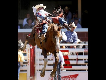 Mason Clements from Santaquin, UT, riding Paradise Moon wins the Bareback event on day 7 of the 2017 Calgary Stampede rodeo on Thursday July 13, 2017. DARREN MAKOWICHUK/Postmedia Network