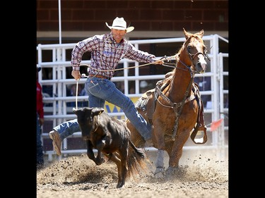 Caleb Smidt from Bellville, TX, wins the Tie Down Roping event on day 7 of the 2017 Calgary Stampede rodeo on Thursday July 13, 2017. DARREN MAKOWICHUK/Postmedia Network