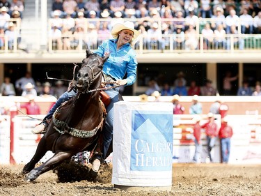 Cayla Small from Welch, OK, during the Ladies Barrel Racing event on day 6 of the 2017 Calgary Stampede rodeo on Wednesday July 12, 2017. DARREN MAKOWICHUK/Postmedia Network