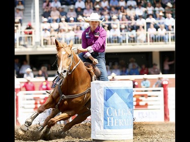 Nancy Casbay from Skiff, AB, during the Ladies Barrel Racing event on day 6 of the 2017 Calgary Stampede rodeo on Wednesday July 12, 2017. DARREN MAKOWICHUK/Postmedia Network