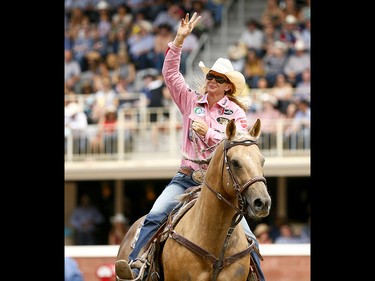 Sherry Cervi from Marana, AZ, was the winner of the Ladies Barrel Racing event on day 6 of the 2017 Calgary Stampede rodeo on Wednesday July 12, 2017. DARREN MAKOWICHUK/Postmedia Network