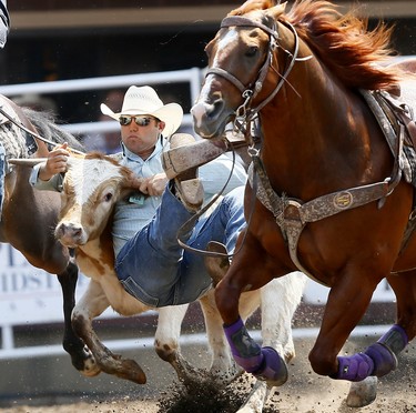 Tyler Waguespack from Gonzales, LA, wins the Steer Wrestling event on day 6 of the 2017 Calgary Stampede rodeo on  Wednesday July 12, 2017. DARREN MAKOWICHUK/Postmedia Network