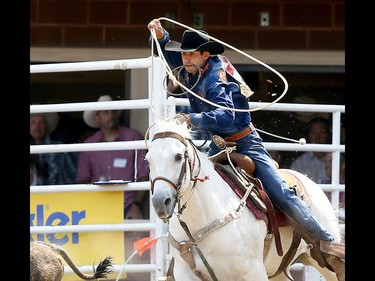 Logan Bird from Nanton, AB, wins the Tie Down Roping event on day 6 of the 2017 Calgary Stampede rodeo on  Wednesday July 12, 2017. DARREN MAKOWICHUK/Postmedia Network