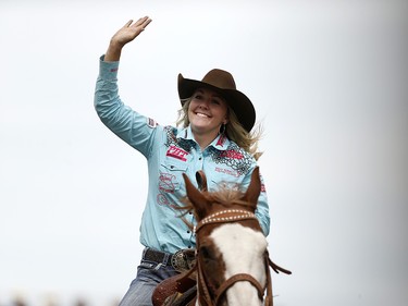 Jackie Ganter of Abilene, Texas advances to the finals in barrel racing at the Calgary Stampede, Saturday July 15, 2017. Leah Hennel/Postmedia