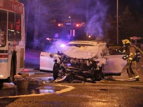 Firefighters at the scene of a collision between a Calgary Transit bus and an SUV at Willow Park Dr. and Macleod Tr. S.E. just before 8:00 p.m. on Sunday March 22, 2015. The occupants of the SUV were taken to hospital with serious injuries, the driver in life-threatening condition. Police continue to investigate. Mike Drew

Postmedia Calgary water skiing
/Postmedia