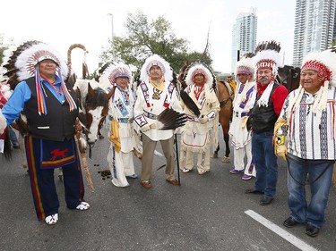 The 105th Calgary Stampede Parade was led by seven very special Parade Marshals, the seven chiefs of the Treaty 7 Nations. The Treaty 7 Nations are comprised of three Blackfoot Confederacy Nations†† three Stoney Nakoda Nations and the Tsuutíina Nation, whose territories are in southern Alberta on Friday July 7, 2017. DARREN MAKOWICHUK/Postmedia Network