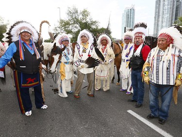 The 105th Calgary Stampede Parade was led by seven very special Parade Marshals, the seven chiefs of the Treaty 7 Nations. The Treaty 7 Nations are comprised of three Blackfoot Confederacy Nations†† three Stoney Nakoda Nations and the Tsuutíina Nation, whose territories are in southern Alberta on Friday July 7, 2017. DARREN MAKOWICHUK/Postmedia Network