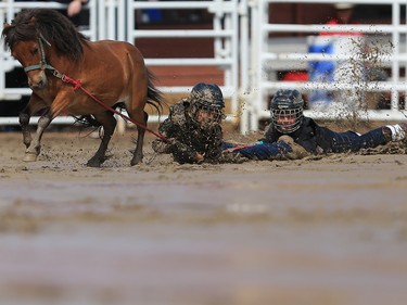 Kids get down and dirty in the wild pony race at the Calgary Stampede rodeo on Tuesday  July 11, 2017. GAVIN YOUNG/POSTMEDIA