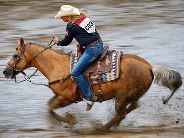 Sherry Cervi of Marana, Arizona wins Day money after sailed around the barrels in a time of 17.840 seconds on Day 5 at the Calgary Stampede rodeo. AL CHAREST/POSTMEDIA