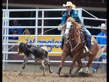 Shane Hanchey from Sulphur Louisiana  won the tie-down roping event with a time of 6.7 seconds on day 4 of the 2017 Calgary Stampede rodeo on Monday July 10, 2017.  GAVIN YOUNG/POSTMEDIA