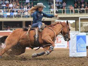 Kirsty White from Big Valley, Alberta won the  barrel racing event with a time of 17.33 on day 4 of the 2017 Calgary Stampede rodeo on Monday July 10, 2017.  GAVIN YOUNG/POSTMEDIA