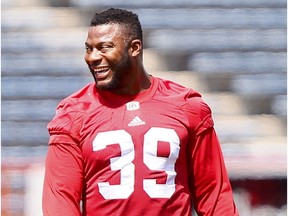 Calgary Stampeders DL, Charleston Hughes during practice at McMahon stadium in preparation for Saturdays game against the Saskatchewan Roughriders in Calgary, Alta., on Tuesday, July 18, 2017.