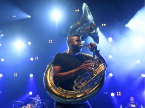 Sousaphone's player Damon Bryson a.k.a. Tuba Gooding Jr of The Roots during the Montreux Jazz Festival, in Montreux, Switzerland on July 4. The Roots appear with Usher at the Saddledome on Saturday.