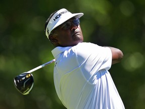 Vijay Singh of Fiji hits his tee shot on the second hole during the final round of the 2017 U.S. Senior Open Championship at Salem Country Club on July 2, 2017 in Peabody, Massachusetts.