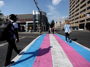 Transgender Pride crosswalk at 17th Ave. and 4th St. SW in Calgary on Thursday, Aug. 24, 2017.