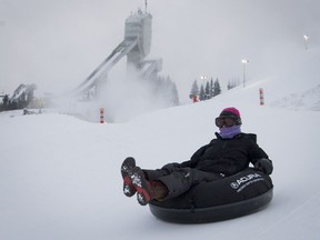 Speed-skating legend Catriona LeMay Doan cruises down the Acura Tube Park at Winsport in Calgary, Alta., on Thursday, Dec. 15, 2016.