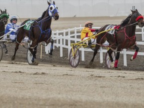 Gerry Hudon racing Big Otts Party, right, lead the way with Travis Cullen racing Spoons hot on his tail, during the fifth one mile pace race on the opening day of harness horse racing at the Century Downs racetrack in Balzac, just outside Calgary, on April 25, 2015. The track is hosting the 2017 World Driving Championships this weekend.