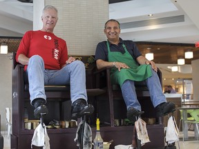 Longtime friends Randy Haatvedt and Pat Dardano met here years ago at Pat's Place, the 5th Avenue Place shoe shine stand that Dardano has been running for decades.