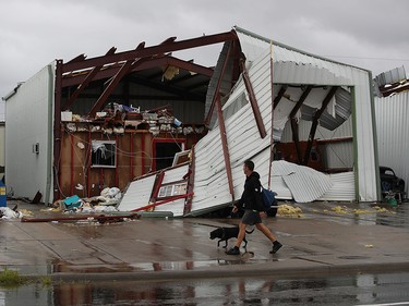 ROCKPORT, TX - AUGUST 26:  A damaged building is seen after Hurricane Harvey passed through on August 26, 2017 in Rockport, Texas. Harvey made landfall shortly after 11 p.m. Friday, just north of Port Aransas as a Category 4 storm and is being reported as the strongest hurricane to hit the United States since Wilma in 2005. Forecasts call for as much as 30 inches of rain to fall in the next few days. (Photo by Joe Raedle/Getty Images)