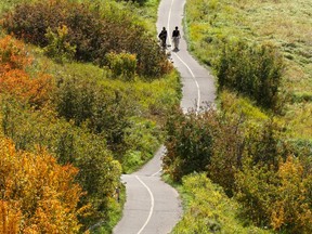 Calgarians walk though the changing colours on a pathway in Fish Creek Provincial Park in Calgary on Monday September 19, 2016.