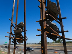 The Bowfort Towers public art installation at the Trans Canada Highway and Bowfort Road interchange was photographed on August 3, 2017.