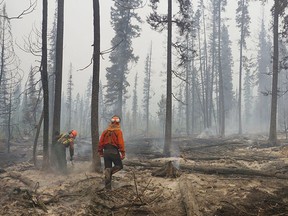 Parks Canada fire crew works in the Southwest section on August 6 of the Verdant Creek fire near Highway 93S west of Banff, Alta and Calgary in an image supplied by Parks Canada to media on Sunday, August 6, 2017. M. Kinley/Parks Canada/Postmedia

Postmedia Calgary via Parks Canada
M. Kinley/Parks Canada/Postmedia