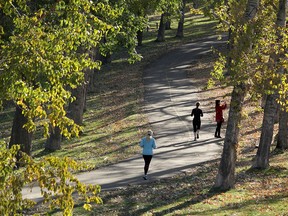 Expect a high of 18 C on Tuesday with the wind blowing from the southwest at 8 kilometres per hour. Tonight's low will be a brisk 8 C so bust out those oversized scarves and massive hoodies if you're feeling hipster-chique. Calgarians in this file photo were out enjoying the leaves and fine fall weather in Confederation Park in Calgary, Alta., on Saturday October 4, 2014.