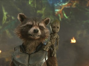 Rocket, voiced by Bradley Cooper, left, and Groot, voiced by Vin Diesel in a scene from Marvel's "Guardians Of The Galaxy Vol. 2." See the spring hit film at Spruce Meadows on Wednesday.