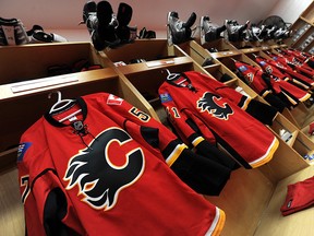 The Calgary Flames dressing room at the Scotiabank Saddledome.