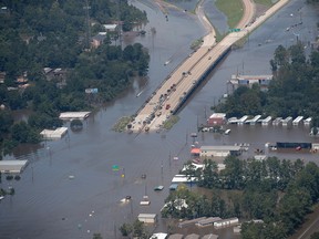 A freeway just outside Houston is covered by floodwater on Aug. 31.