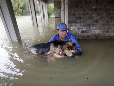 Joe Garcia carries his dog Heidi from his flooded home as he is rescued from rising floodwaters from Tropical Storm Harvey on Monday, Aug. 28, 2017, in Spring, Texas. (AP Photo/David J. Phillip) ORG XMIT: TXDP109