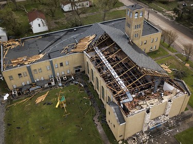 This photo shows The First Baptist Church roof after it was peeled off by Hurricane Harvey in Refugio, Texas, on Monday, Aug. 28, 2017. (Nick Wagner/Austin American-Statesman via AP) ORG XMIT: TXAUS509