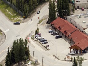 Downtown Bragg Creek as seen from the air Thursday June 27, 2013 a week after the floods. The intersection in question can be seen at the top, left. (Ted Rhodes/Calgary Herald)