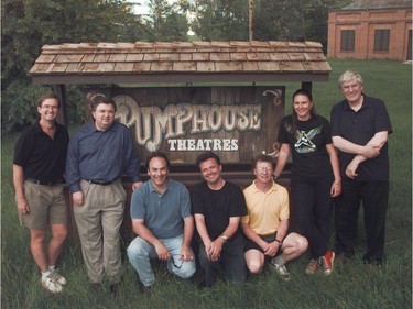 1997: Photo of some of the original members of  Loose Moose. They reunited for the 25th anniversary of the Pumphouse Theatre (it also happened to be the 20th anniversary of Loose Moose as well). From left: Rick Hilton, John Gilchrist, Tony Totino, Dennis Cahill, Dave Duncan, Kathleen Foreman, and Keith Johnstone.