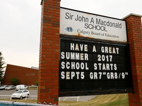 Sir John A. MacDonald School in Calgary as a Teacher's union is pushing to strip the name from Ontario schools on Thursday August 24, 2017. Darren Makowichuk/Postmedia