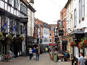 Ancient medieval street in Shrewsbury, England.