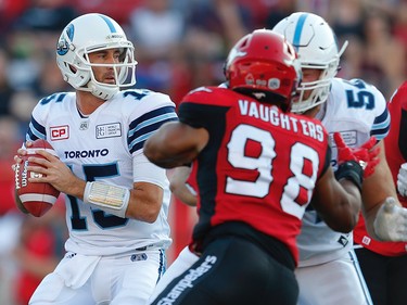 Toronto Argonauts quarterback Ricky Ray against the Calgary Stampeders during CFL football on Saturday, August 26, 2017. Al Charest/Postmedia