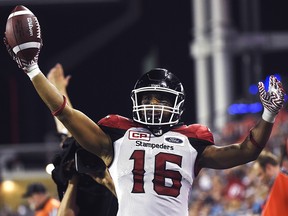 Calgary Stampeders slotback Marquay McDaniel celebrates his touchdown against the Toronto Argonauts during second half CFL football action in Toronto on Thursday, Aug. 3, 2017.