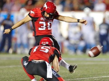 Calgary Stampeders Rene Paredes kicks a field goal against the Toronto Argonauts during CFL football on Saturday, August 26, 2017. Al Charest/Postmedia